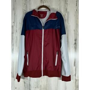 Brooks Mens Sideline Jacket Size Large Burgundy Navy Full Zip Hoodie Windbreaker